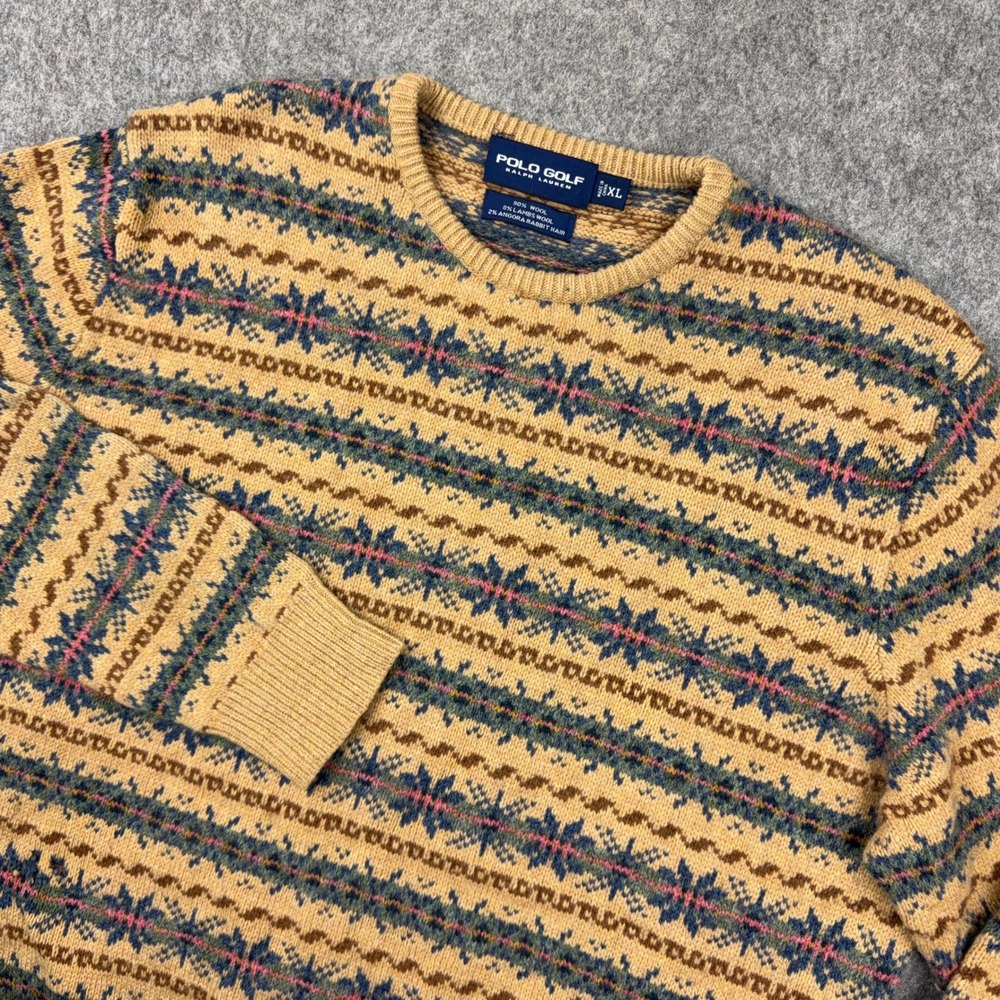 VTG Polo Golf Ralph Lauren Fair Isle Sweater XL Wool Angora Snowflake Distressed